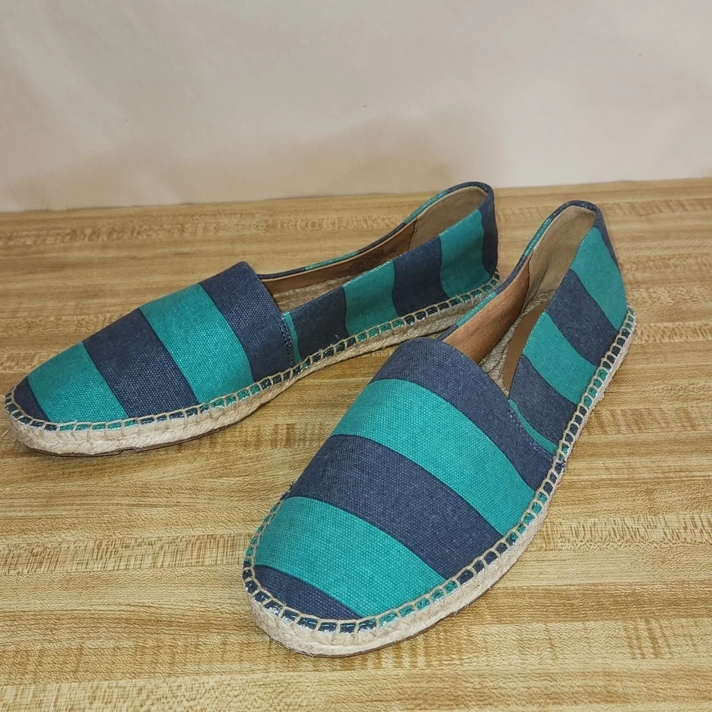 J. CREW Striped Canvas Slip on Espadrille Flats - Blue and Teal, size 10